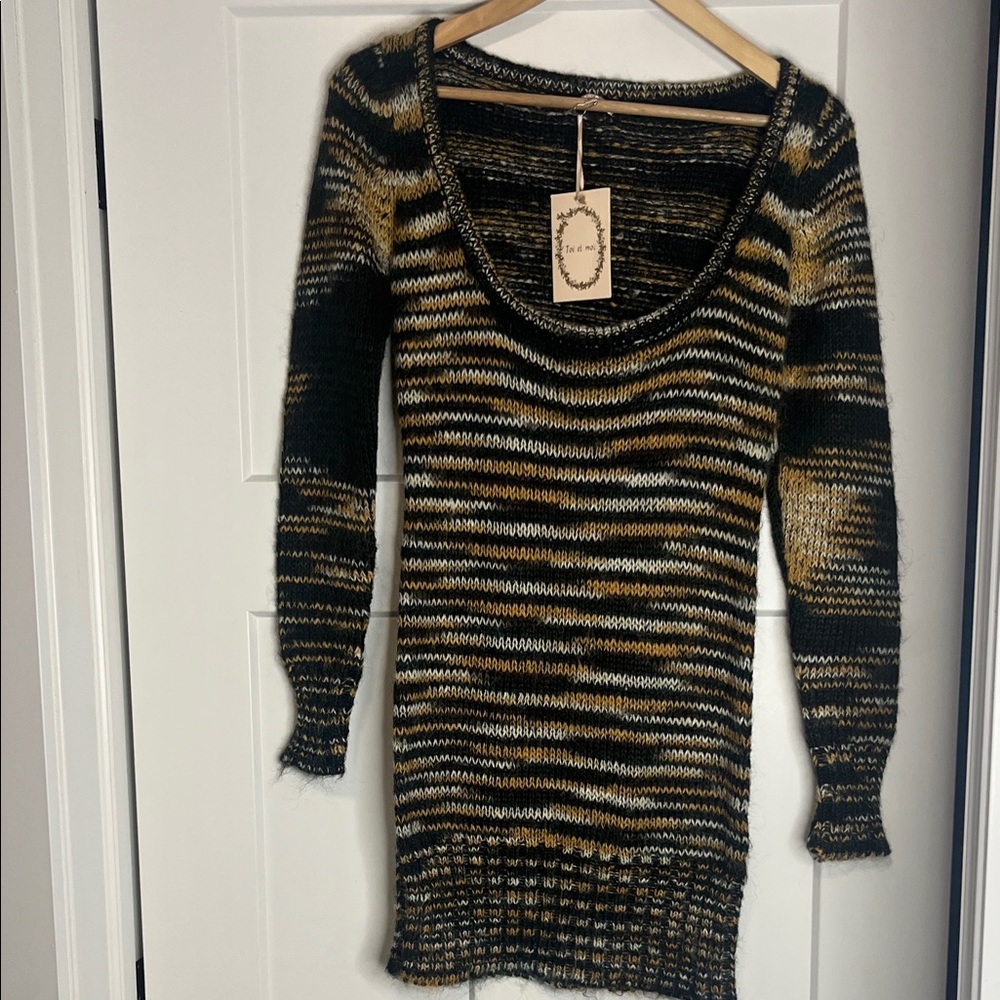 Gold, brown and green striped mohair sweater dress NWT